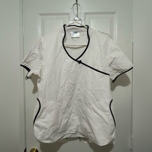 White Scrub Top with Black Trim. Asian style neck line.